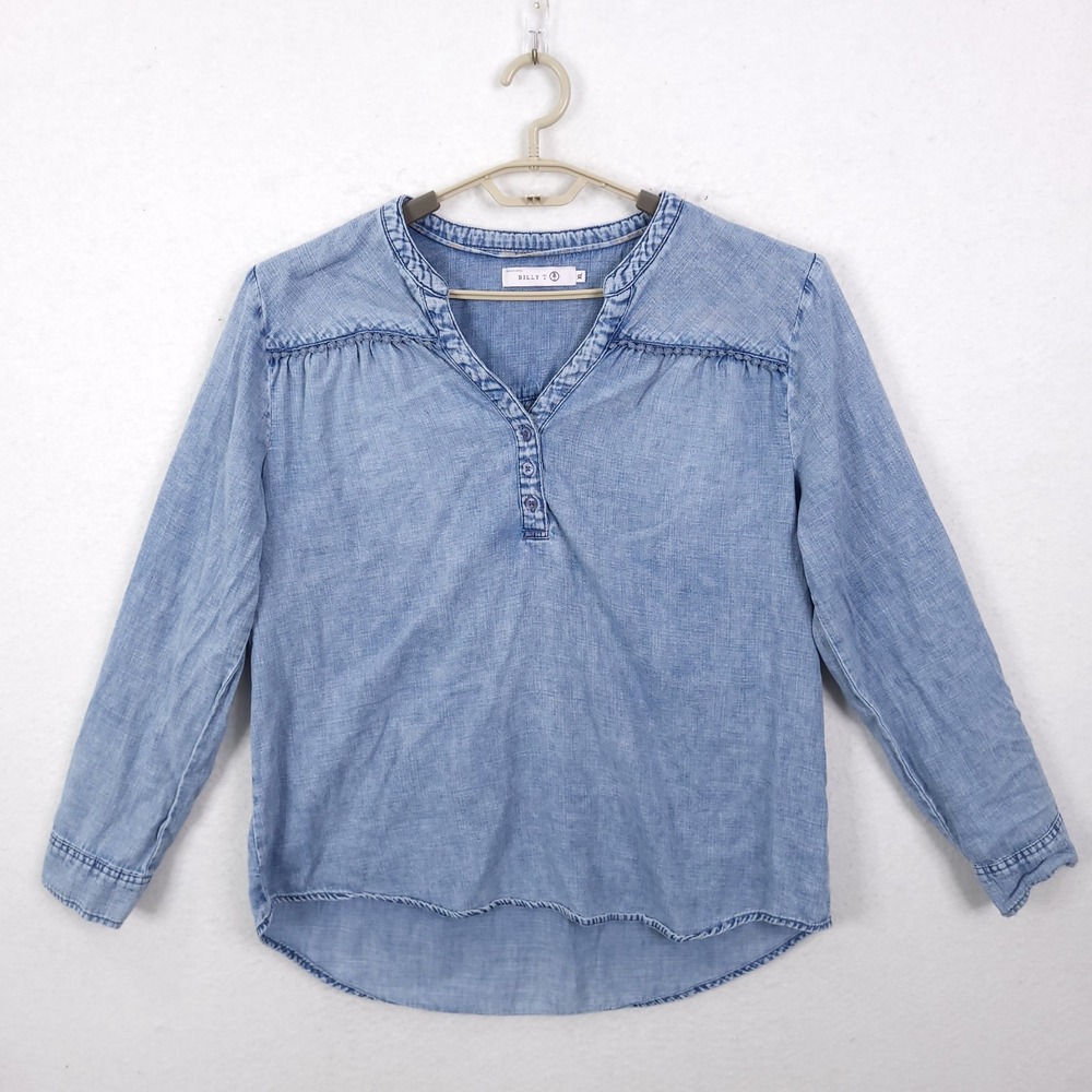 Billy T Chambray Henley Top Womens XL Blue Denim Crochet Trim Boho Blouse